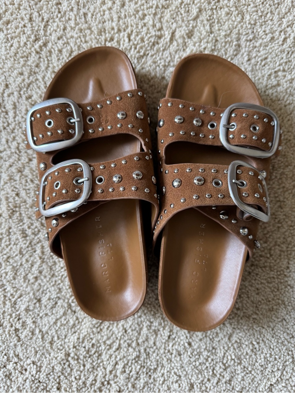 Marc Fisher Brown Studded Double-Buckle Slide Sandals